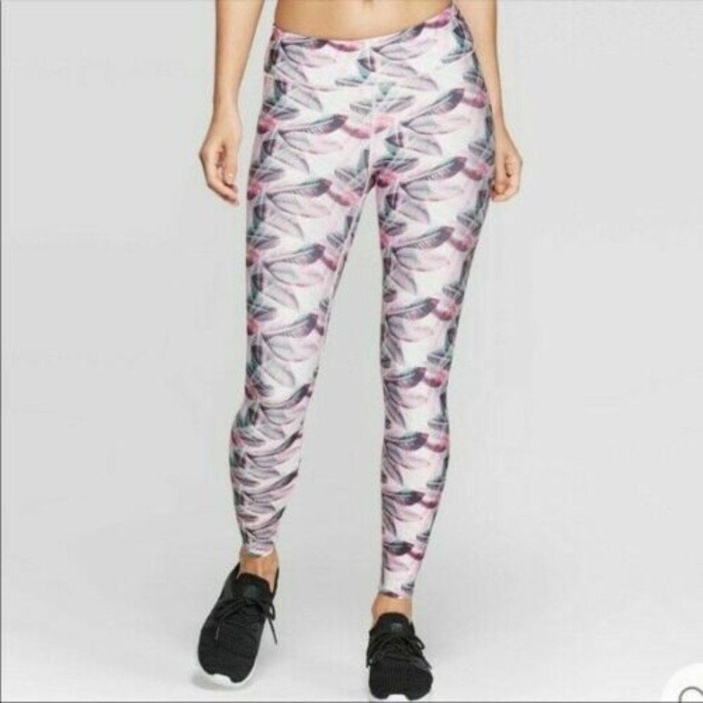 JOY LAB WOMEN MID RISE 7/8 LENGTH LEGGINGS PINK LEAF PRINT SIZE XL